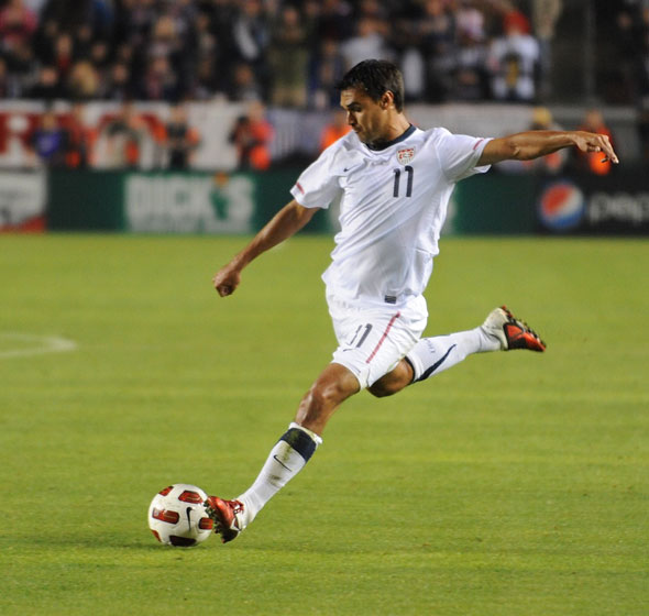 Chris Wondolowski takes a shot in his first appearance for the U.S. national team. Photo: Joe Nuxoll, centerlinesoccer.com