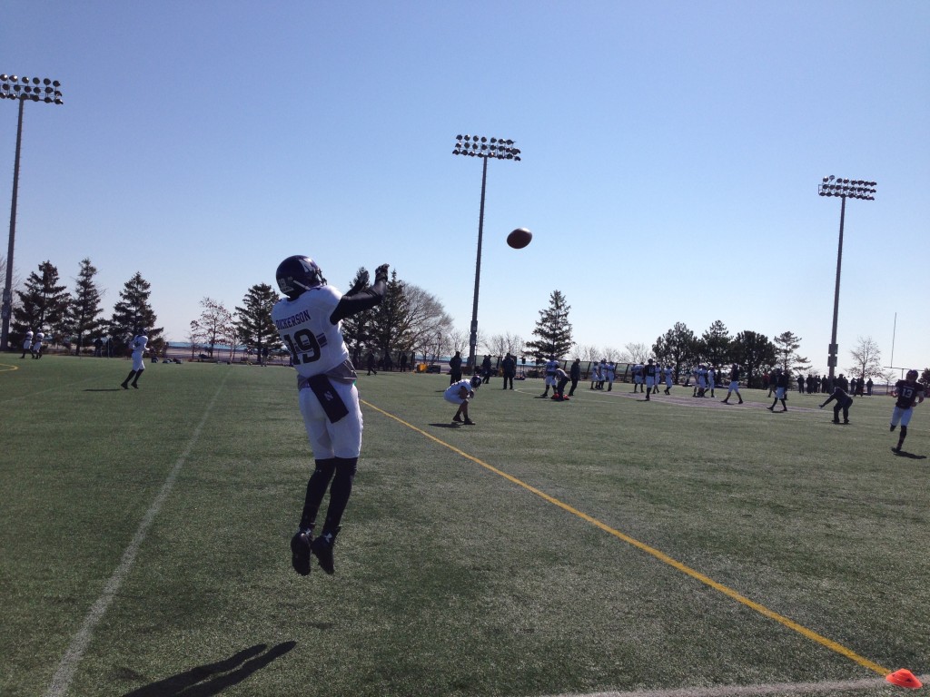 Senior WR Cameron Dickerson hauls in a pass in a spring practice drill at Lakeside Field.
