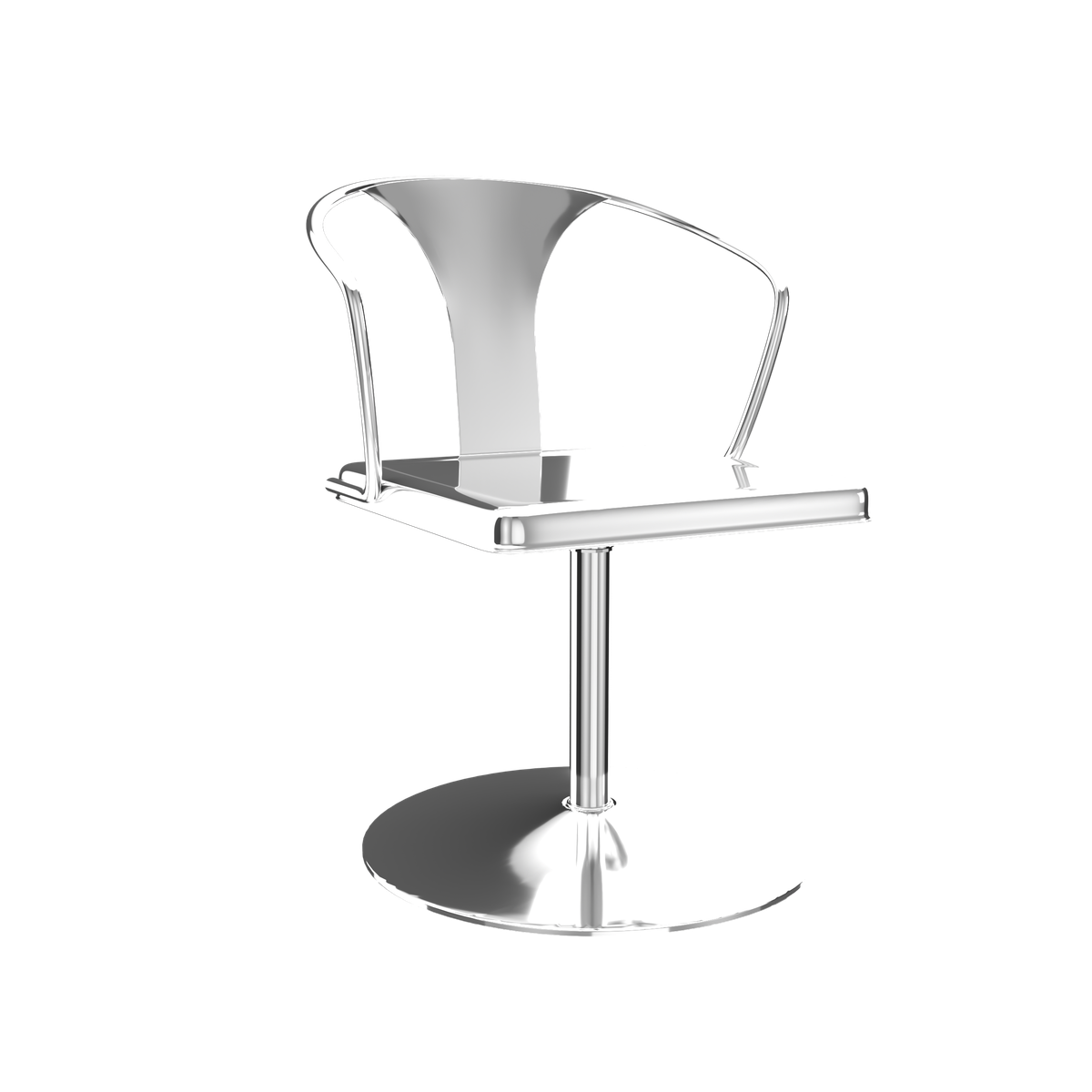  A coated-metal chair with a single leg that attaches to the ground via a round base.
