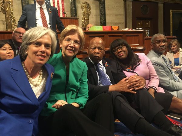 Sen. Elizabeth Warren, Rep. John Lewis, and others at the sit-in.