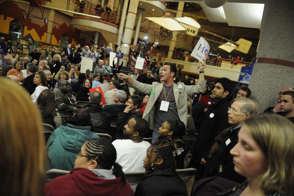 A Democratic precinct caucus in Des Moines, 2008.