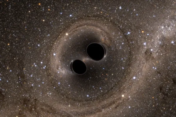 The collision of two black holes — an event detected for the first time by the Laser Interferometer Gravitational-Wave Observatory, or LIGO — is seen in this still from a computer simulation.        