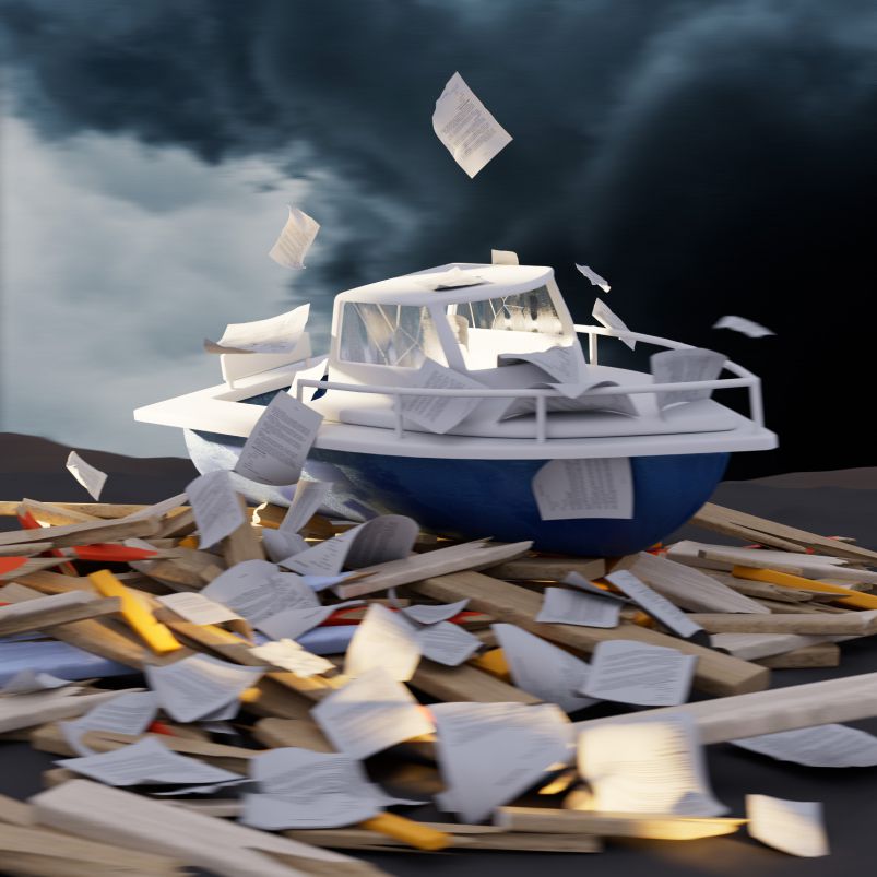 An illustration of a boat on the remains of a destroyed structure after a storm, with paperwork blown all over it
