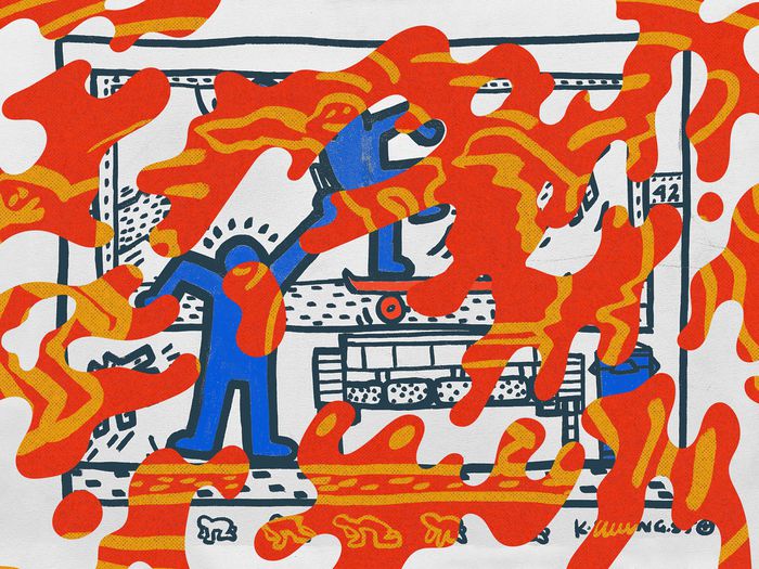 Two images of Keith Haring’s “Skateboarders,” each in a different art style.