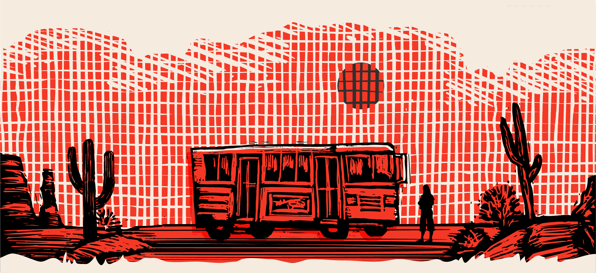 Illustration of a bus in the desert, under the sun.