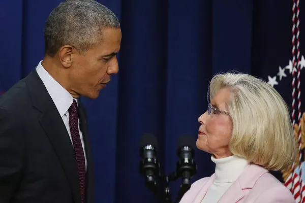President Obama stands with Lilly Ledbetter on the seventh anniversary of the equal pay bill named after her.