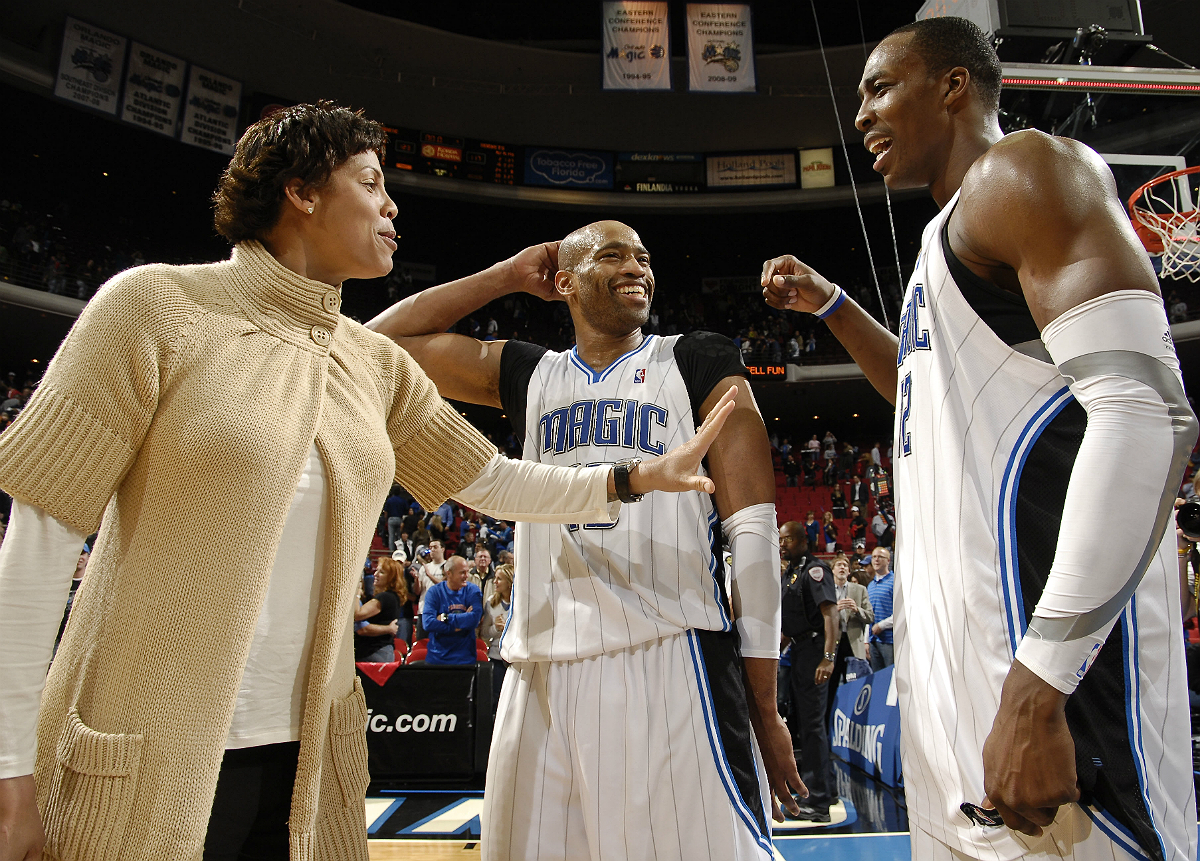 Cheryl Miller with Vince Carter and Dwight Howard before a 2010 broadcast. 