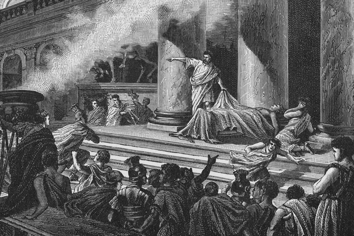 An artist's depiction of Mark Antony's funeral oration for Caesar.